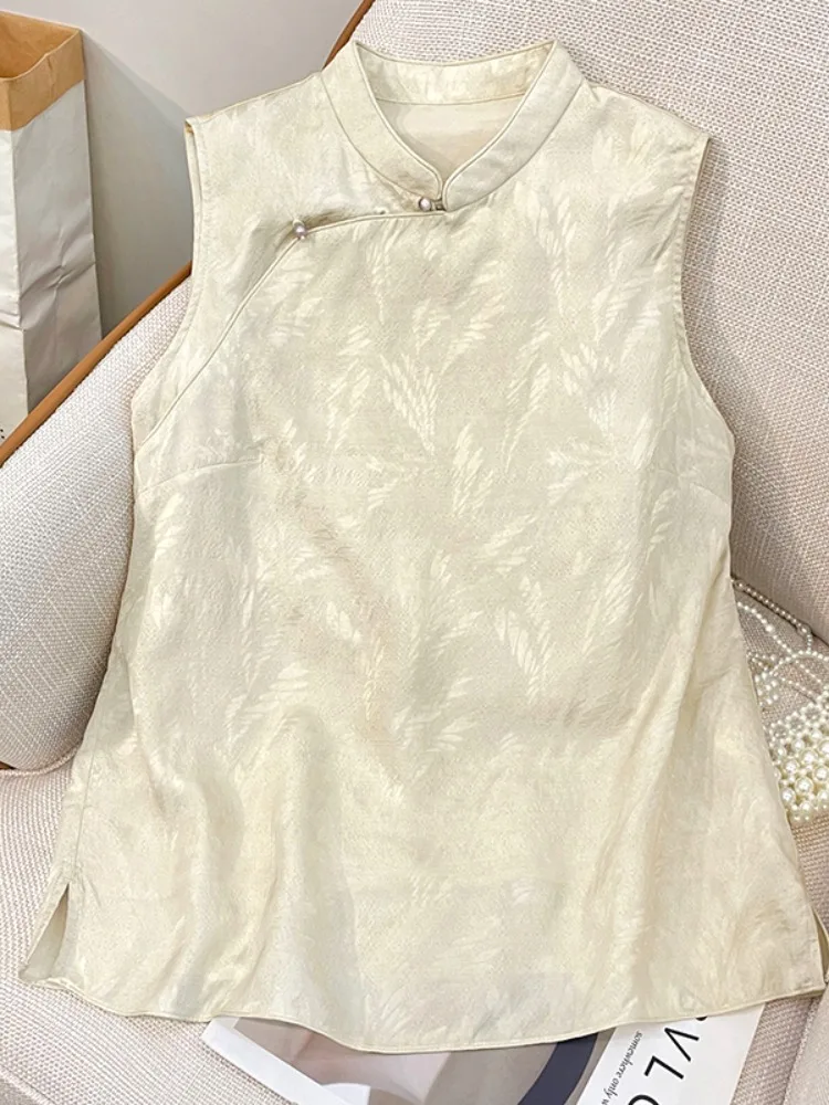 

New Chinese Sle Loose Fit Svel irt Women's Summer Acetate Button up Stand Collar Tea Costume Slimming Top