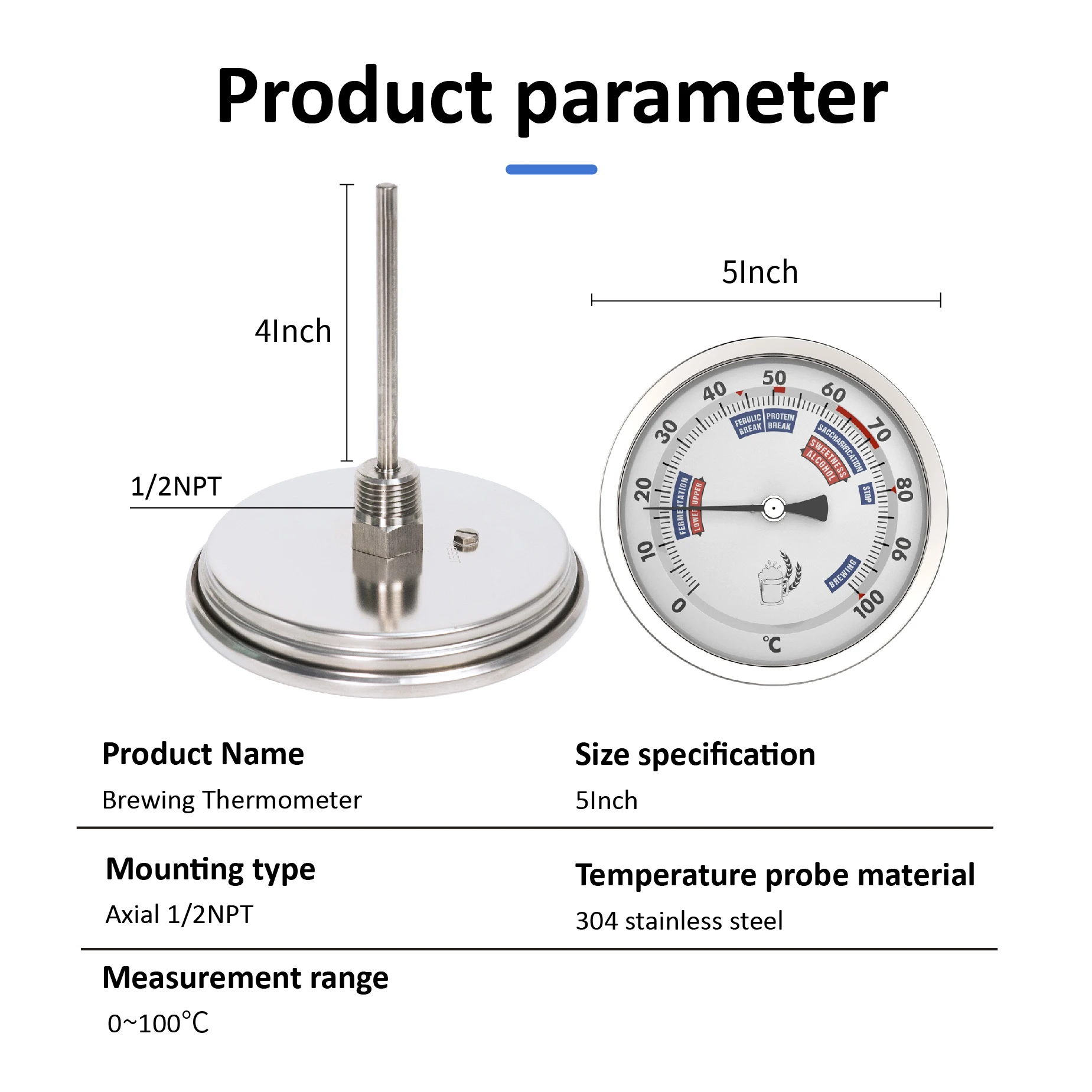 Bild 7: 5 Zoll Edelstahl Brau-Thermometer 0-100 ° C für Heimgebrauch Bier- und Weingärung – 1/2 NPT Gewindeanschluss