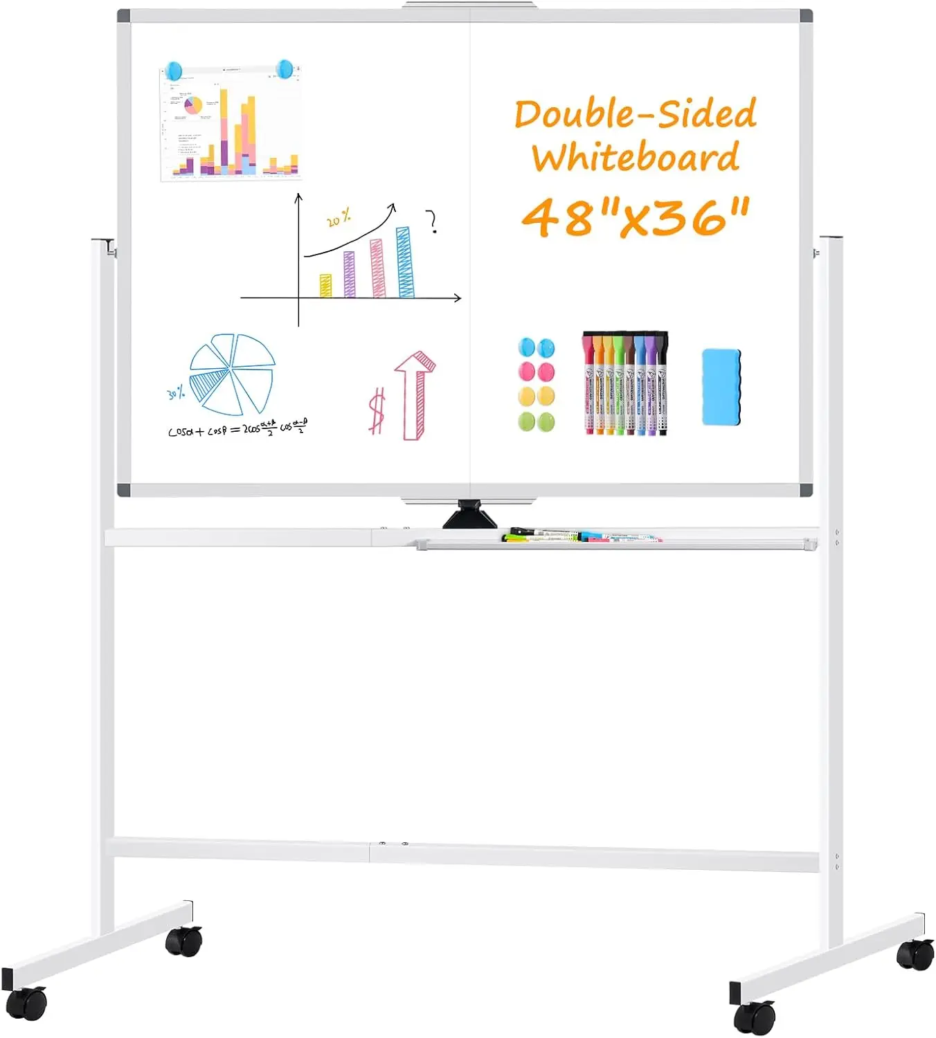 

Rolling Dry Erase Whiteboard 48x36 Double-Sided on Wheels, Large Portable White Board with Stand, Mobile Standing Whiteboards