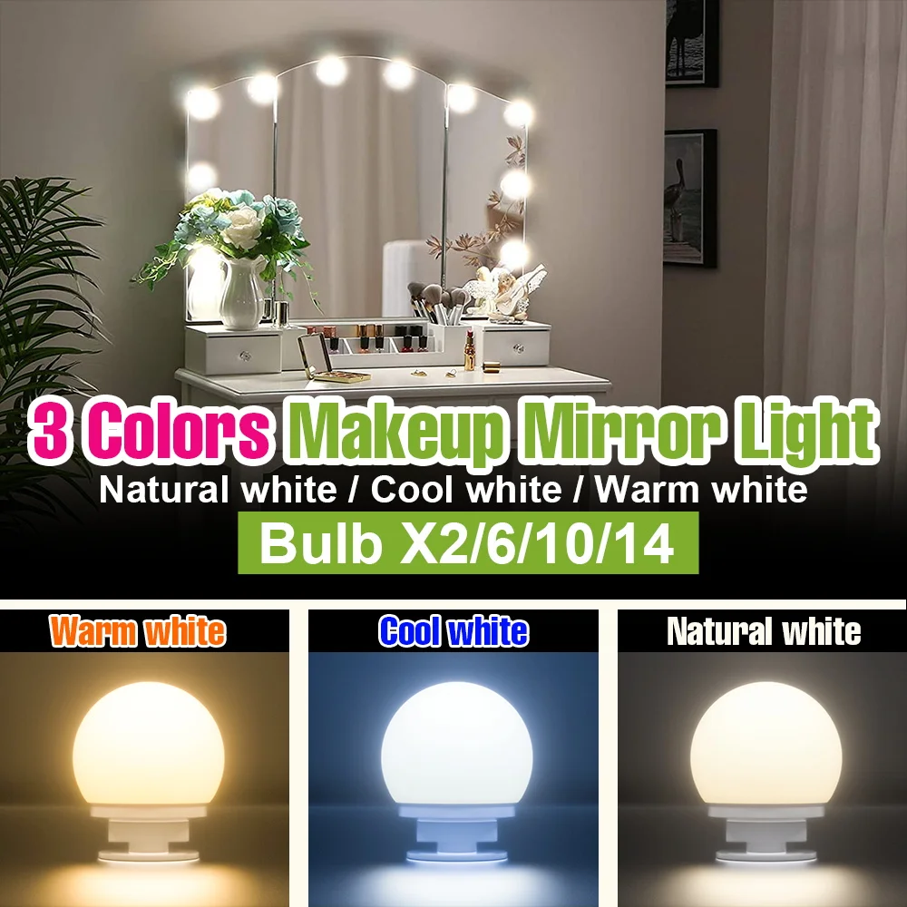 2Pcs LED Makeup Mirror Light Bulb Bathroom Dressing Table Lamp 3 Colors Modes Touch Dimmable For Home Bedroom Decoration Lights