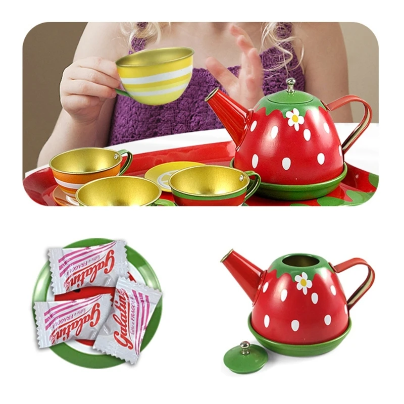 Juego de té M76C para niñas pequeñas, juego de té de la tarde, accesorio de utensilios de cocina de Metal, bandeja, olla, tazas, platos