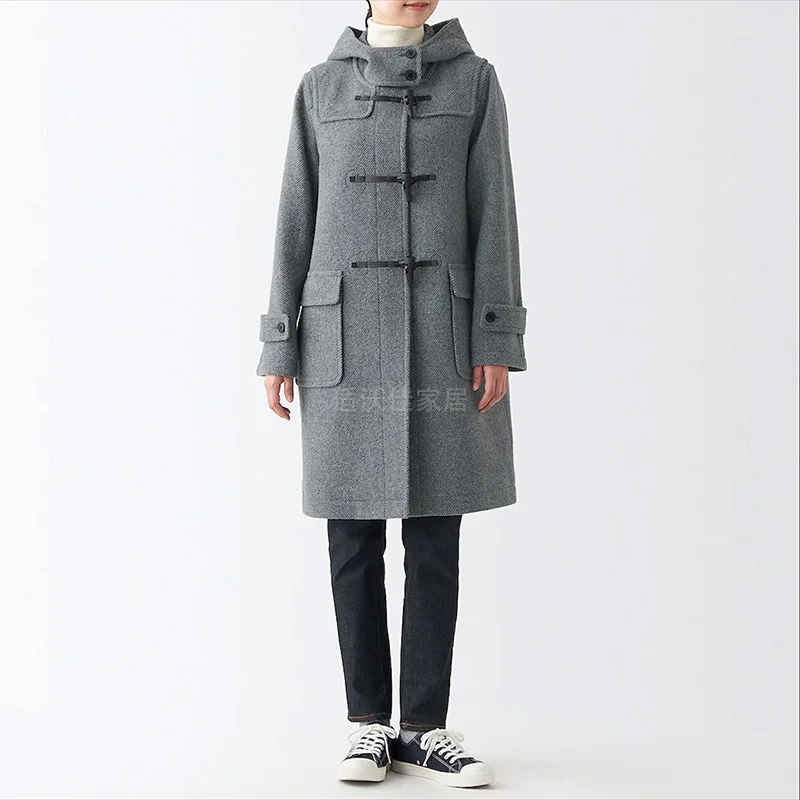 

Japanese wool coat women's horn buckle long trench coat woolen hooded autumn and winter thick coat