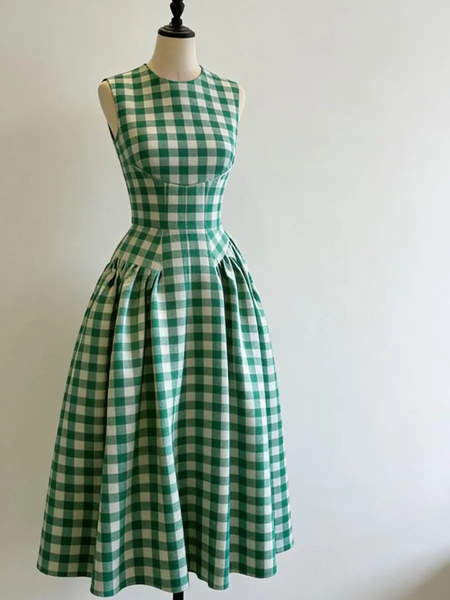 Mint Green Grid Elegant Sleeveless Dress For Women'S Summer Niche Retro Temperament Slim Fit Long Skirt - Image 2