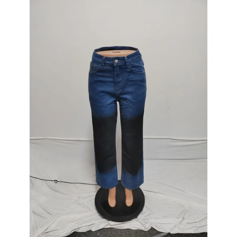 Jeans de cintura alta com zíper reto para mulheres, calças jeans estampadas, streetwear popular, roupas casuais para treino, verão, novo, 2024