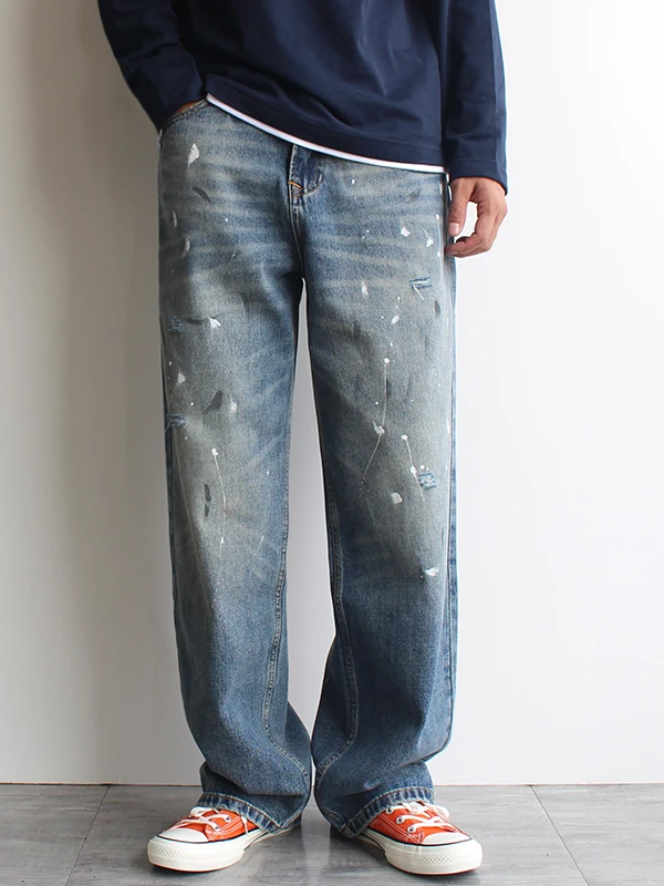 กางเกงยีนส์เดนิมทรงหลวมสไตล์อเมริกันเรโทรสำหรับผู้ชาย - กางเกงลำลองทรงตรงหลวมแบบยีนส์ขาดๆ สีสเปรย์พ่นลาย ลุคย้อนยุค สำหรับฤดูใบไม้ร่วง/ฤดูหนาว