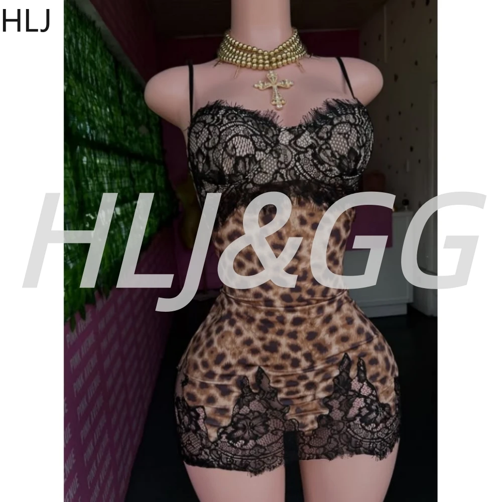 เดรสสายเดี่ยวลายเสือดาวผ้าลูกไม้เซ็กซี่ทรงเข้ารูปสำหรับผู้หญิง แขนกุด เปิดหลัง ทรงมินิเดรสแฟชั่น