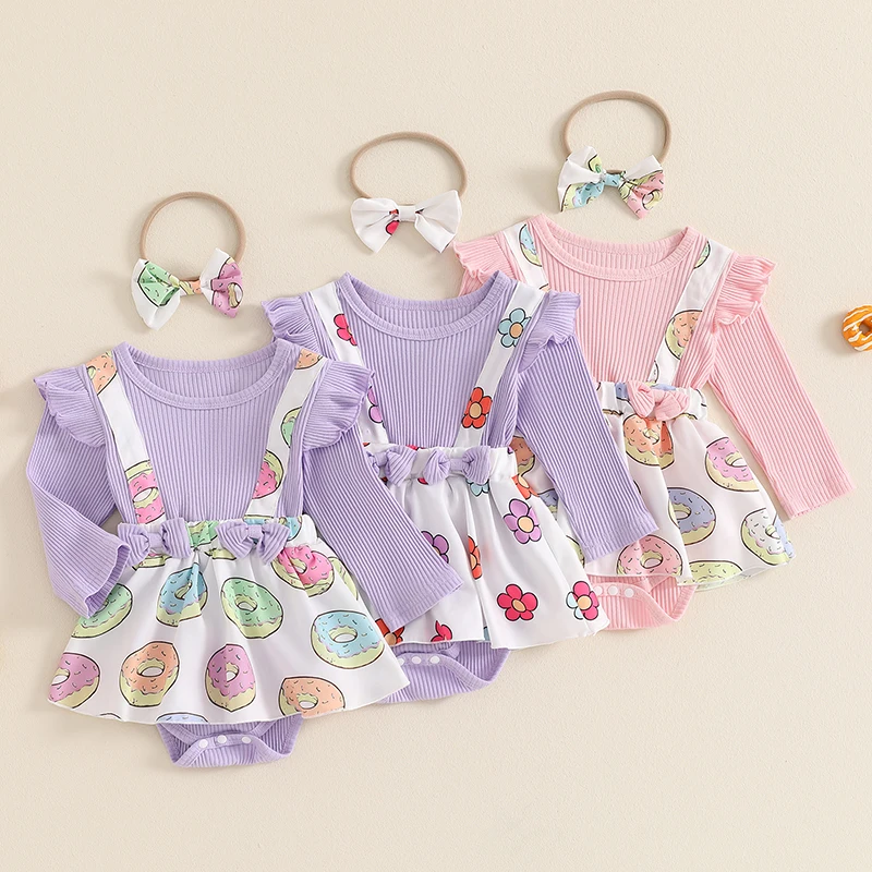 

Baby Clothing Girl Donut Print Long Sleeve Ribbed Romper Dress Bow Headband Sweet Newborn Set