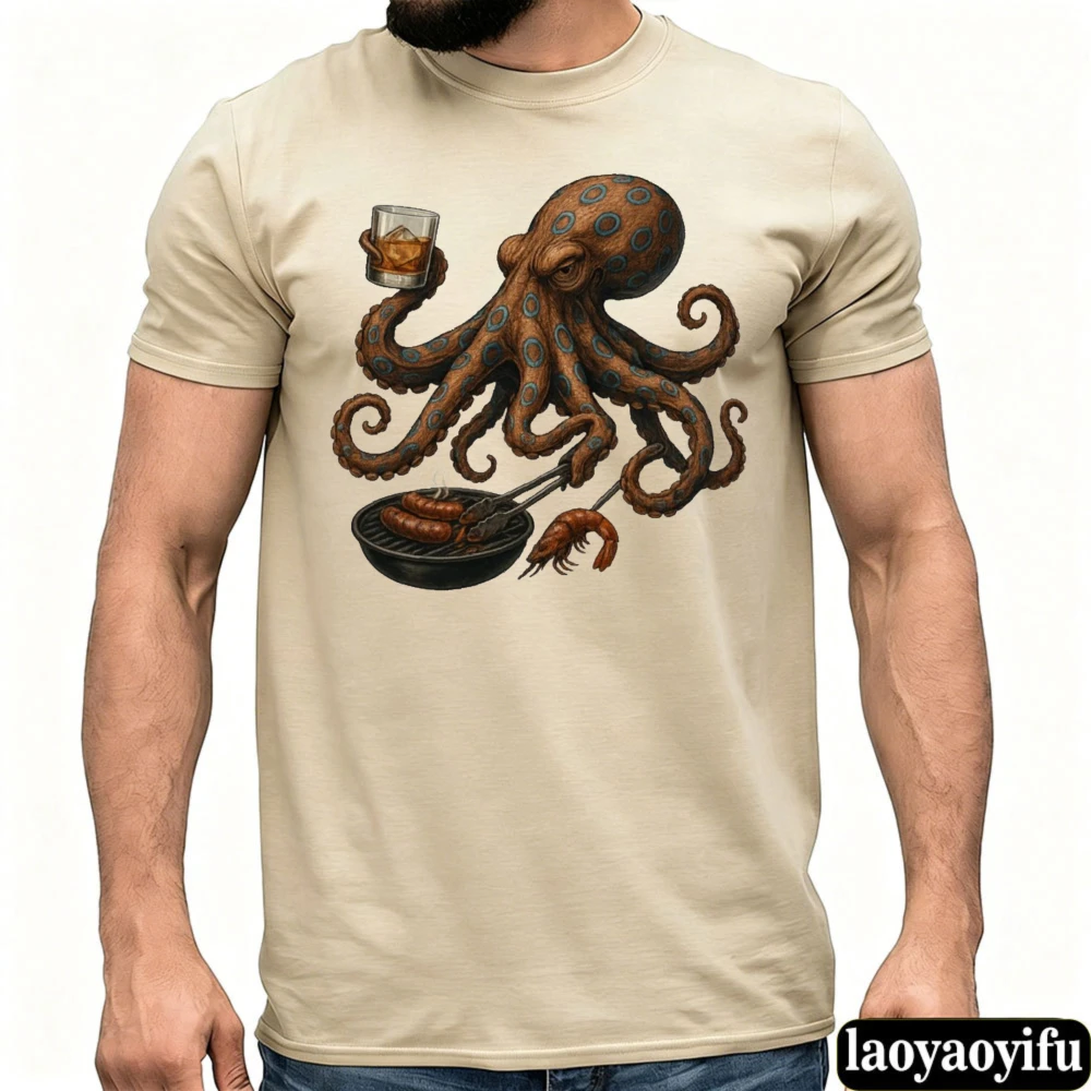 Octopus Cooking Sausage Whiskey Glass Graphic Men Shirt Realistic Sea Creature Food Print Summer BBQ Party Top for Seafood Lover