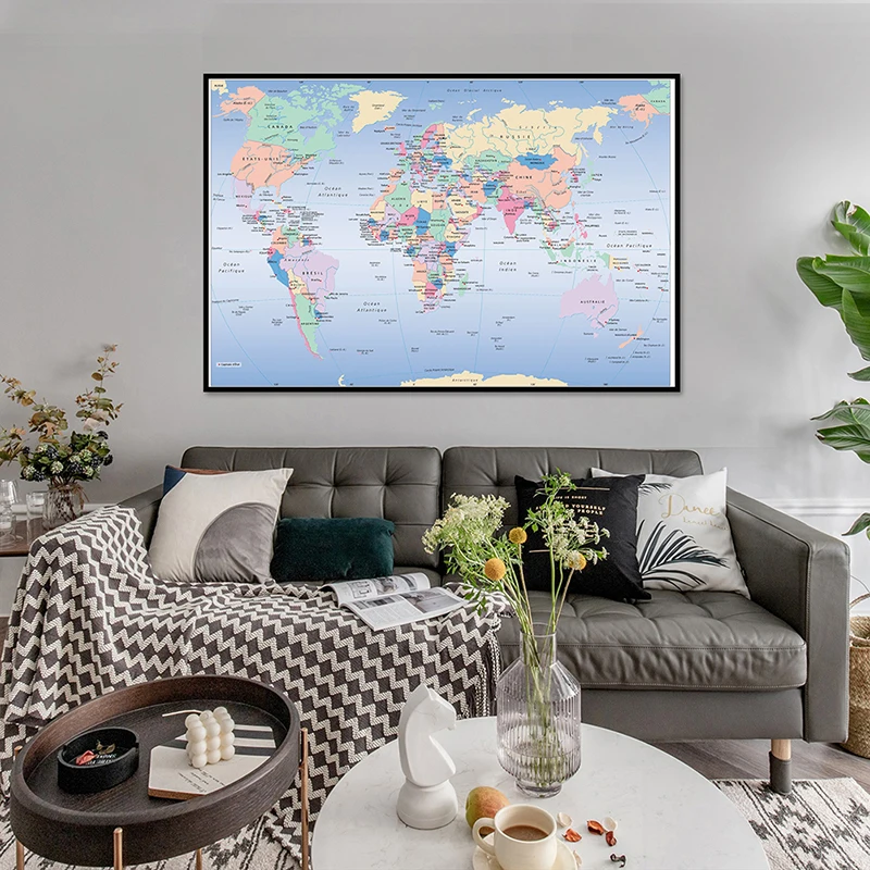 Clássico o mapa do mundo com distribuição política em francês 84*59cm não-tecido lona pintura casa decorativa parede arte imagens