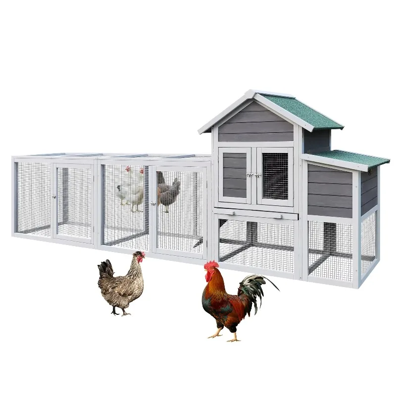 Gray Wooden Chicken Coop Outdoor Hen House with Run, Waterproof Roof & Nesting Box for Commercial Equipment and Animal Use