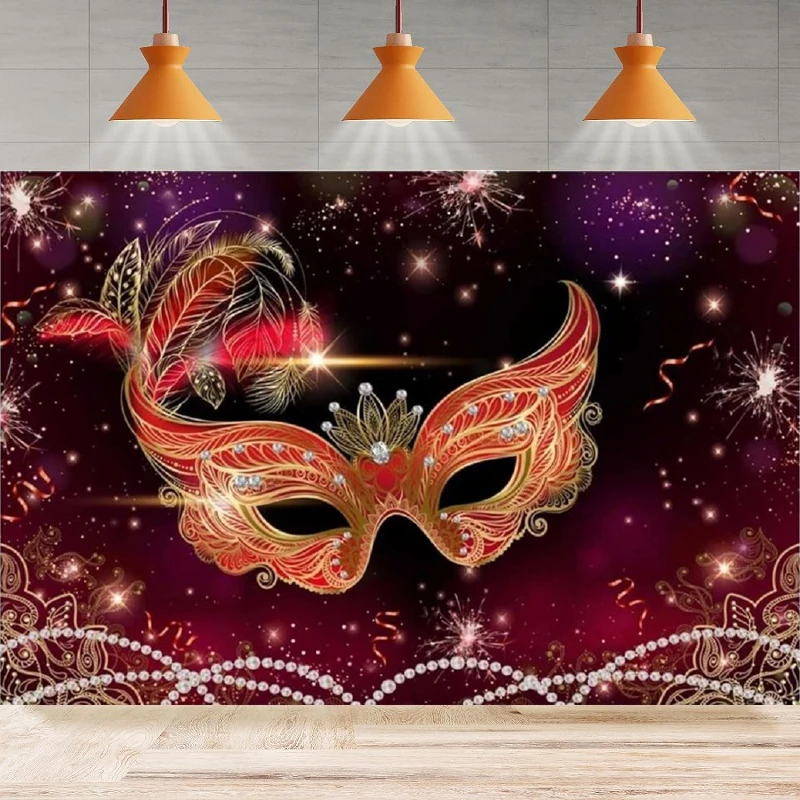 Luxurious Red Mask Photography Backdrop Glitter Magic Wand Gold Glitter Beads Mardi Gras Dance Background Wall Party Banner