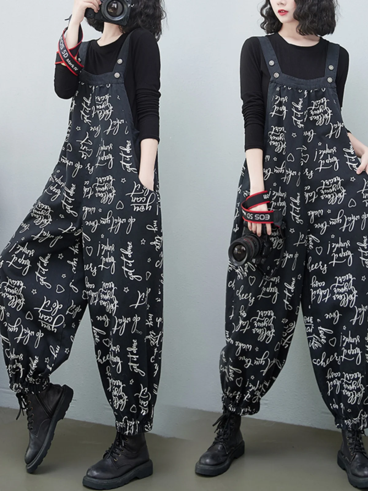 plus Size Denim Print Overalls Loose Slimming Harem Pants Women's Letter Print Belly Covering Slimming Effect Spring Fashion