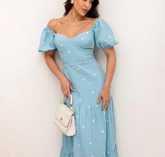 Abito con maniche a palloncino con stampa geometrica e collo singolo per donne estive, abito a trapezio alla moda ed elegante, vestibilità slim e che abbraccia la vita