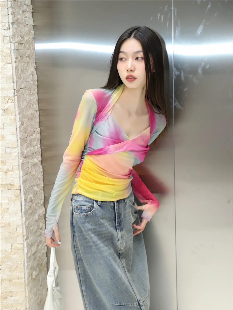 CHEERART Colorful Tie Dye Long Sleeve Tees Designer Mesh Top For Women 2023 Summer Square Neck Fashion Tees New Arrivals