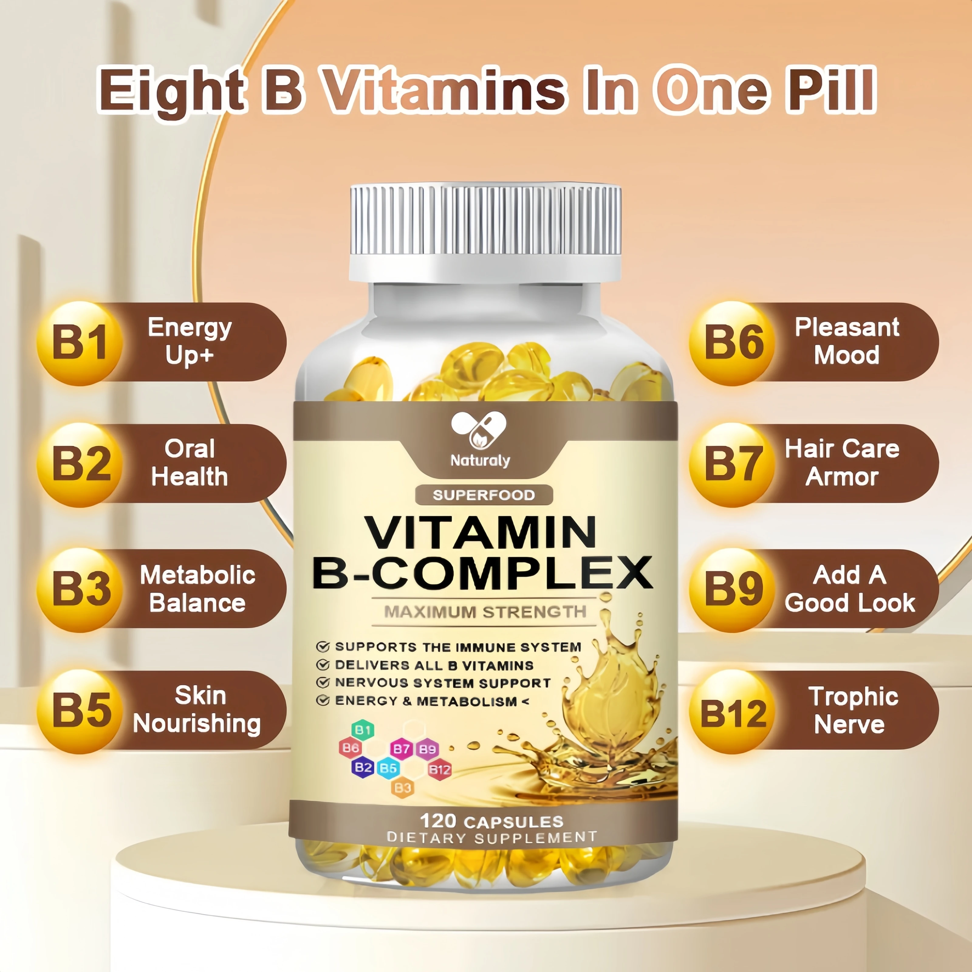 Vitamin B Complex Supplements B12 B1 B2 B3 B5 B6 Relieve Fatigue &Stress,Improve Digestion,Better Mood Support, Immune Capsules