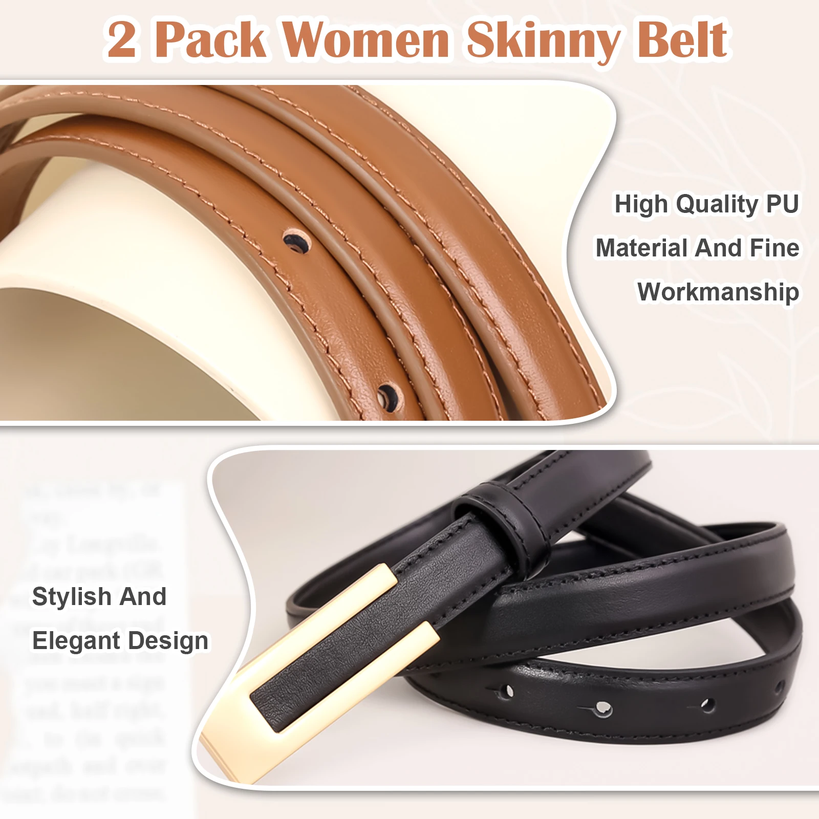 2pcs/set Women S PU Leather Waist Belt Classic And Versatile Accessory Simple Thin Waistbelt Belt