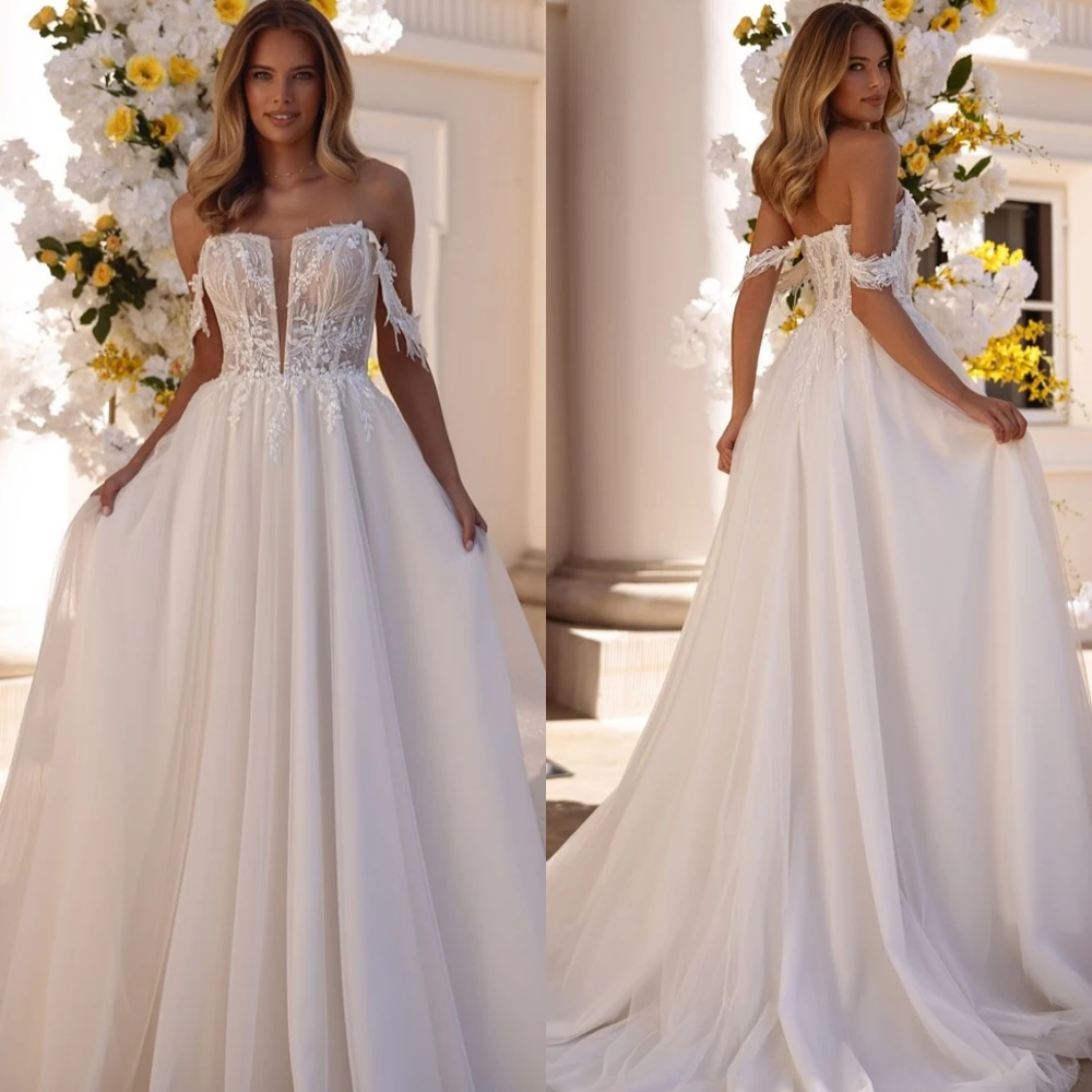 

Customized Charming Appliques Wedding Dresses Romantic 2025 Bridal Party Elegant A-Line V-neck Off the Shoulder Vestido De Novia