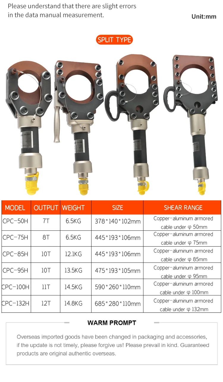 CPC-100H Portable Cable Machine Hydraulic Cutter Quick Split Tool for Cutting Armored Cables up to 100mm