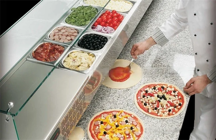 Restaurant Salad bar Counter Work Table Chiller Commercial Sandwich Prep Table Pizza Refrigerator with Granite Marble Top - view 6