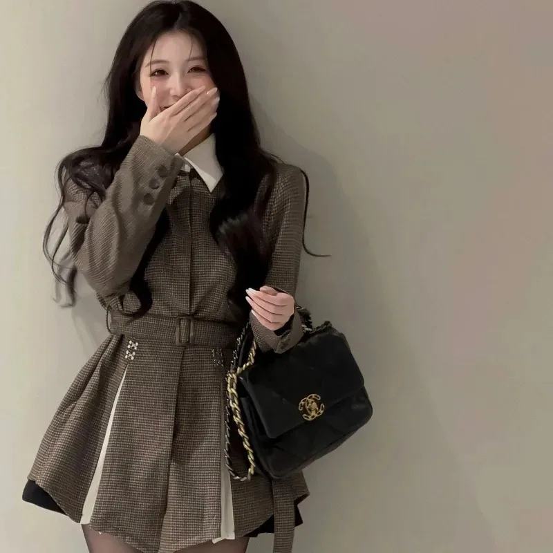 

Xgoth High-end Niche Blazer Dress Temperament Waisted Suit Jacket for Women Spring Autumn New Designer Retro Plaid Contrast Top