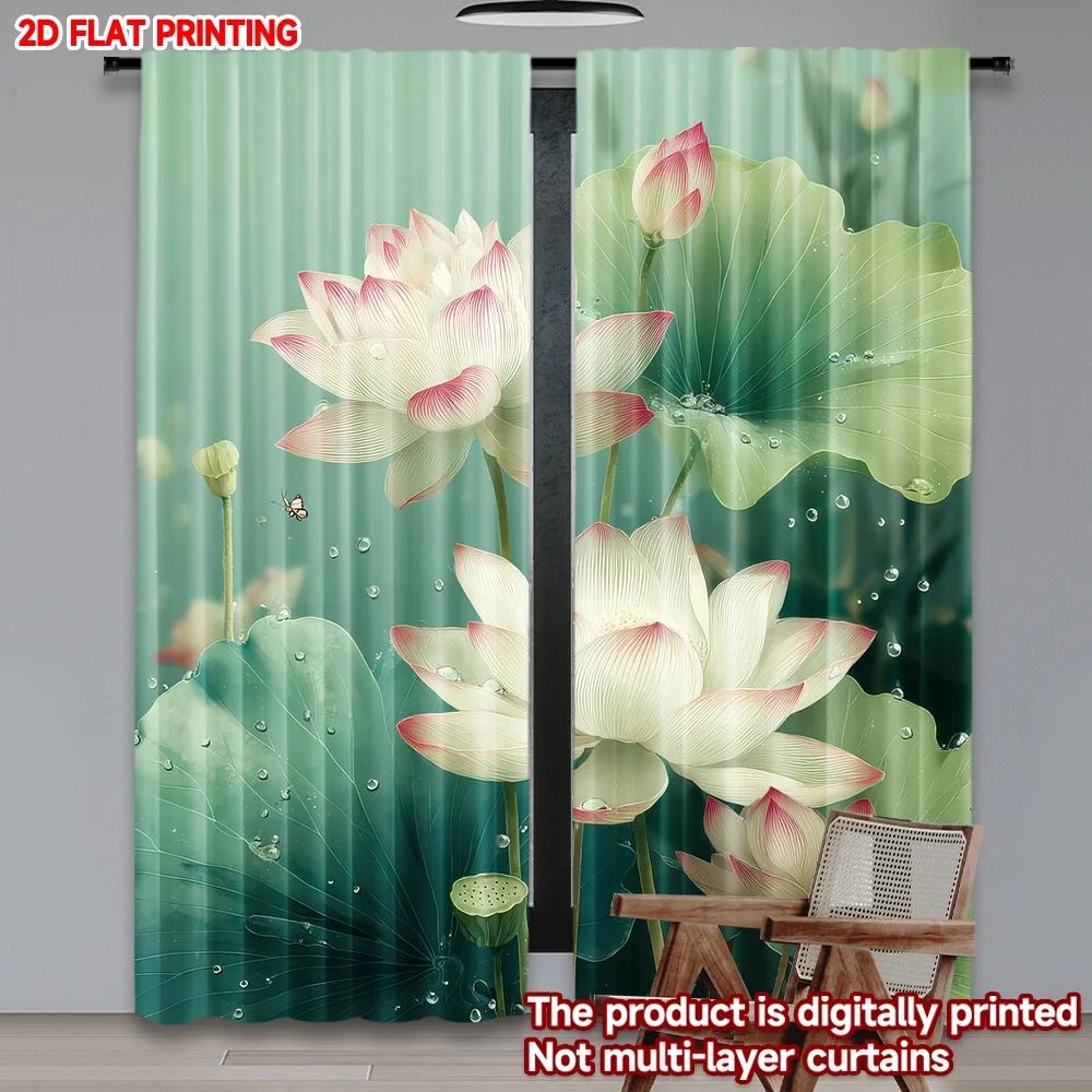 

2D flat printing 2pcs Party Window Curtains Lotus and Waterdrops Digital Printed Polyester Drapes Party Decorations Use for New