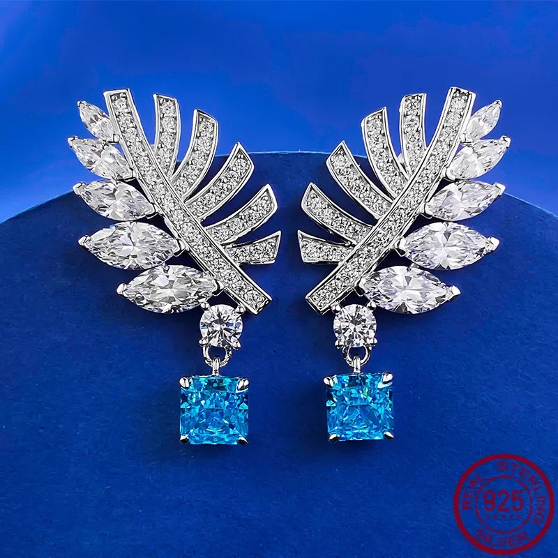 New high carbon diamond 925 pure silver hand inlaid 7 * 7 sea blue treasure princess square feather earrings for wedding jewelry