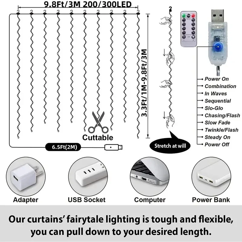 3M USB girlanda żarówkowa czarodziejska girlanda kurtyna z hakiem 8 funkcja zdalnego sterowania na przyjęcie weselne świąteczna dekoracja