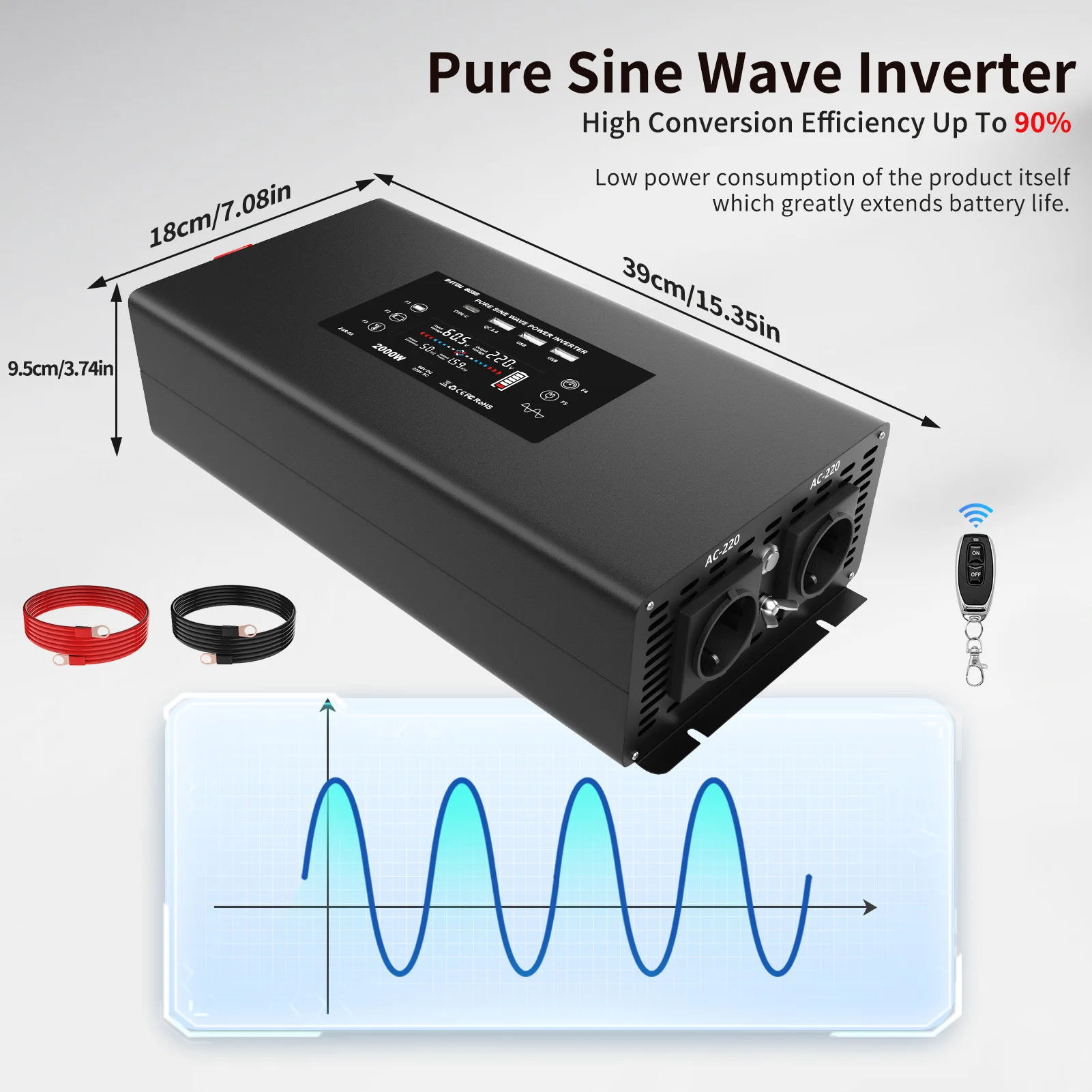 DATOUBOSS DN-03 inversor de onda sinusoidal pura DC12V-60V a AC220V-240V inversor portátil para coche potencia continua 2000W potencia máxima 4000W