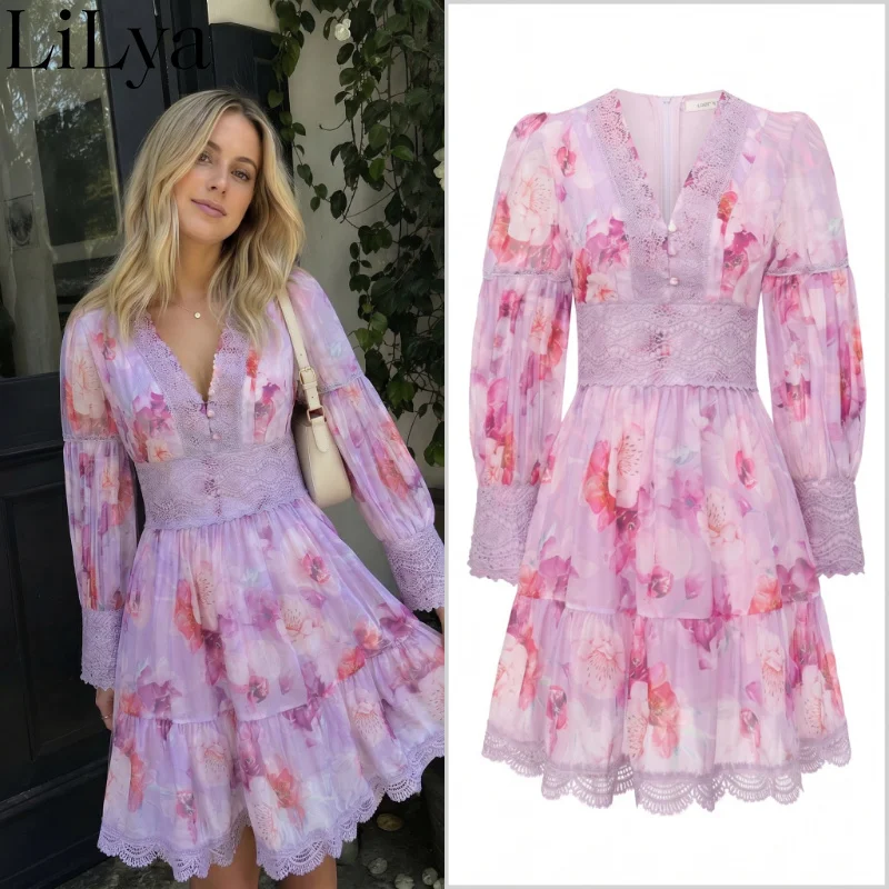 Spring Summer Painting Style Lace Sleeve Floral Printed Dress Women V Neck Ruffled Hem Romantic Party Daily Vacation Woman Dress