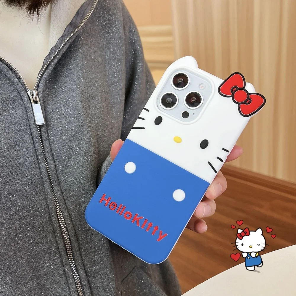 

Для iPhone 16, 15 Pro 14, 13 Pro Max 3D мультфильм «Hello Kitty» с красным бантом, лаконичный мягкий силиконовый двухцветный защитный чехол Kawaii