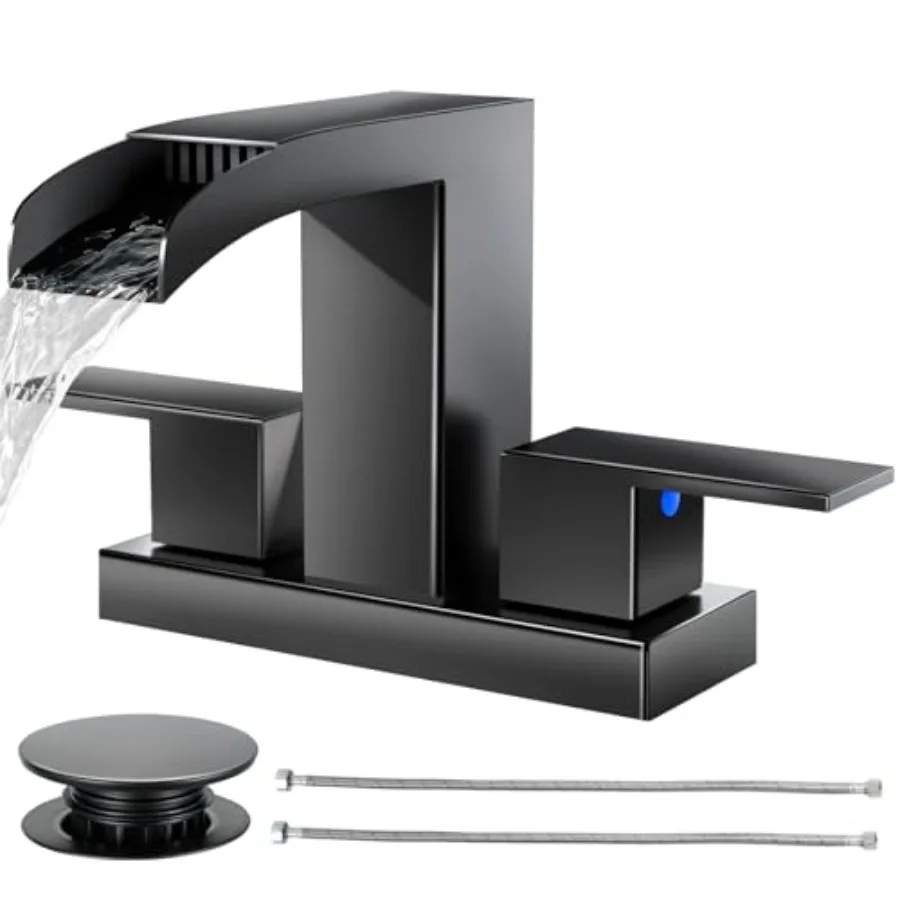 

Waterfall Bathroom Faucets 3 Hole, Matte Bathroom Sink Faucet Square with Pop-Up Drain, 2 Handle and 2 Supply Hoses, Lead-Free