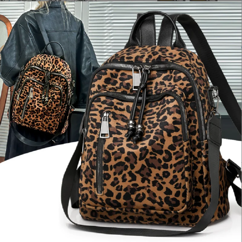 

New Fashion Leopard Soft Leather Travel Backpacks Women's Large Capacity Casual Shoulder Bags Totes School Bag Crossbody Bagpack