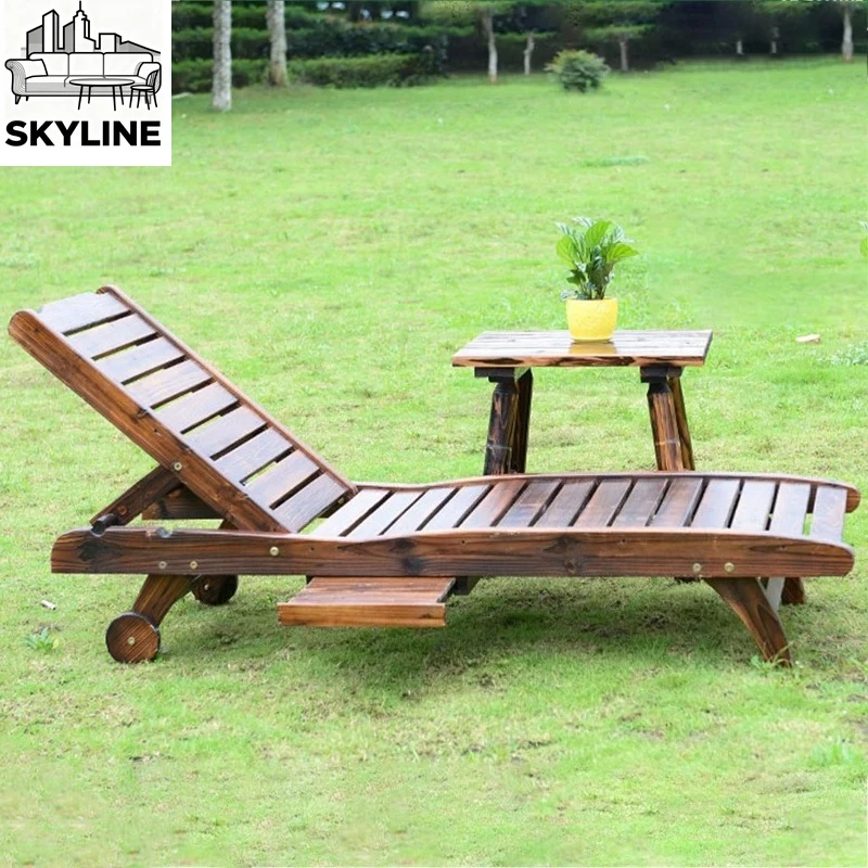 Classic Solid Wood Beach Chairs Outdoor Courtyard Swimming Pool Leisure Outdoor Chairs Foldable Beach Chair Home Relaxing Chair