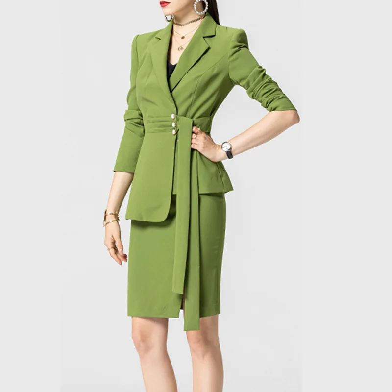 Traje de oficina para mujer, conjunto de chaqueta Formal + Pantalones o falda, vestido de graduación, abrigo de fiesta con dobladillo Irregular, color verde, 2 piezas, en Stock