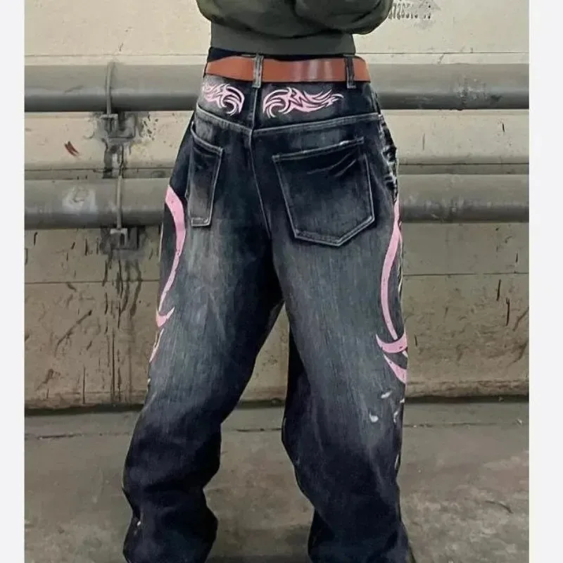 Deeptown Y2k Vintage Gothic Graphic Print Women Jeans Harajuku Washed Hole American Fashion Denim Pants Baggy Punk Streetwear