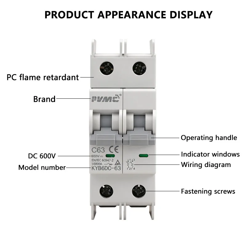 2P 63A DC600V & 4P 63A DC1200V PV DC Mini Circuit Breaker, 10kA Breaking Capacity MCB for Solar Combiner Box