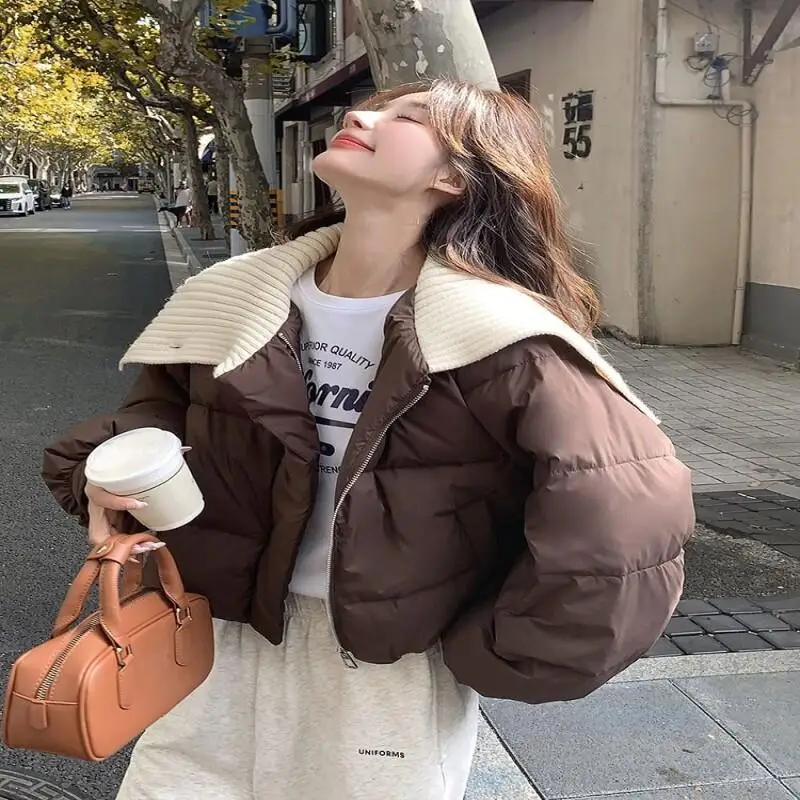 Veste rembourrée pour femme automne hiver courte marron col en tricot veste en coton femmes petite taille 2025 hiver nouveau nouveau modèle de mode