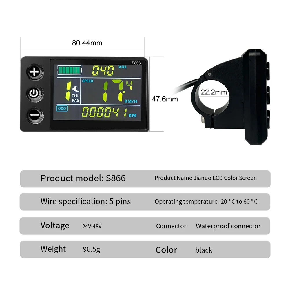 Ebike LCD Display S866 Compatible with 24V 36V 48V Controllers Waterproof Connector Showing Speed Battery and Mileage view 6