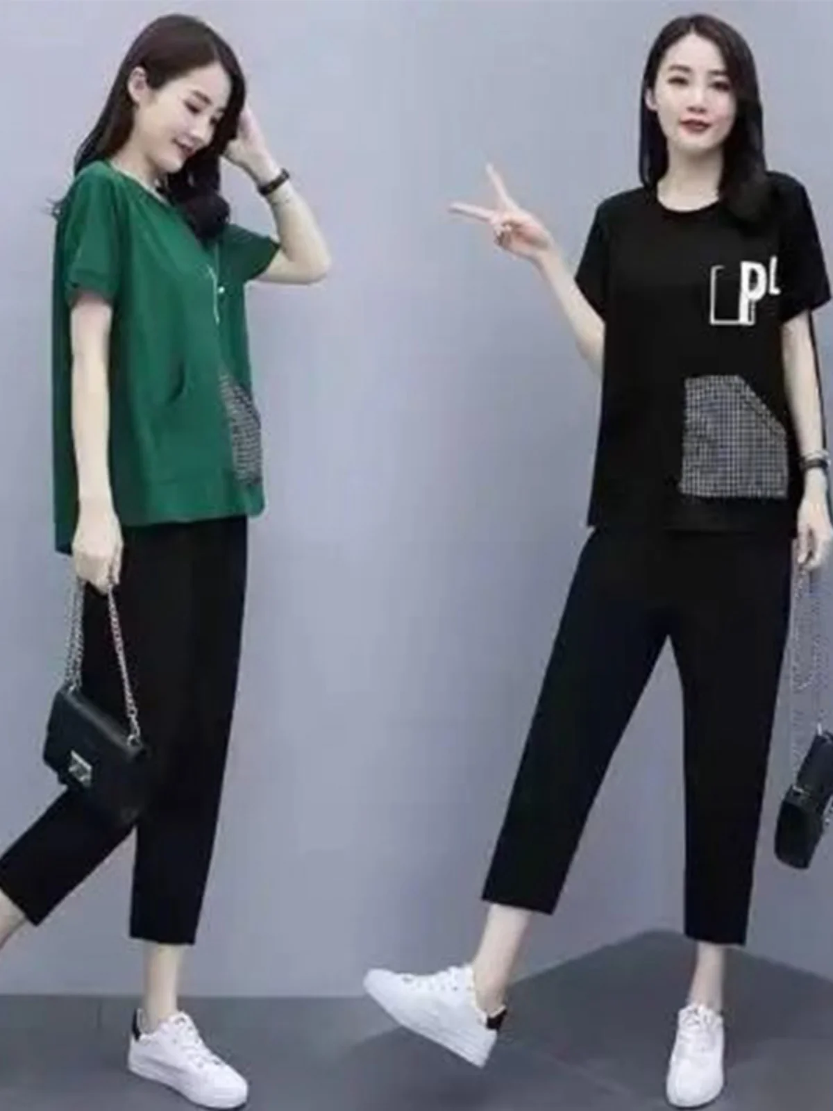 

Комплект из двух предметов больших размеров: повседневный летний модный свободный костюм из хлопка с круглым вырезом и коротким рукавом для женщин