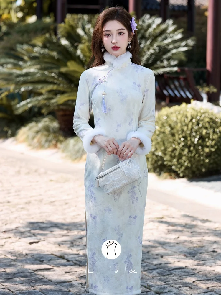 

Ele Winter Thiened Fce Qipao с длинным косым воротником и низким разрезом для ежедневного использования для молодых девушек, китайский длинный длинный доктор