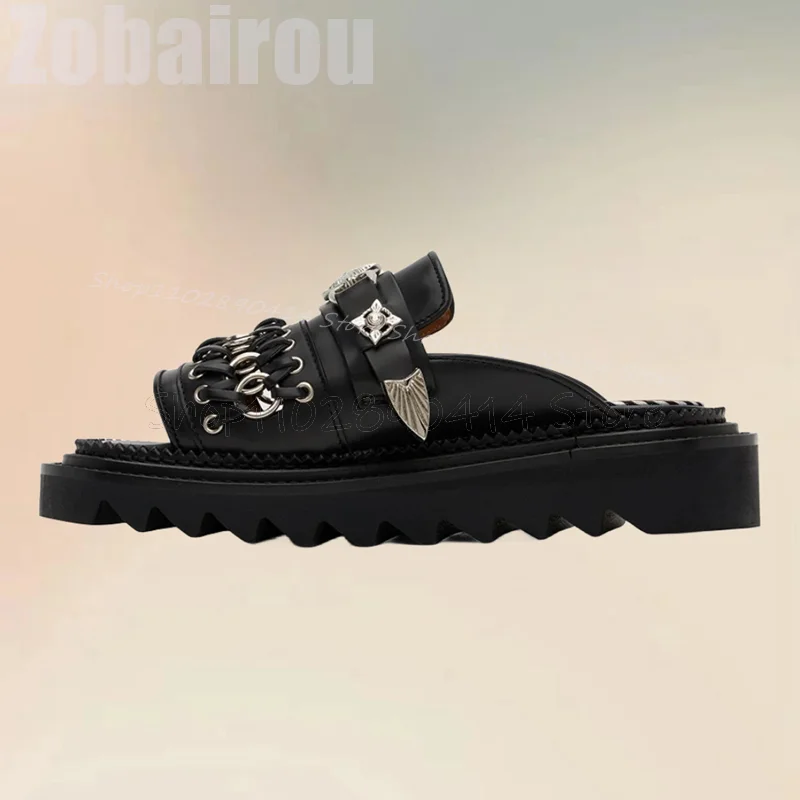 Metal Decor Black Knitted Design Open Toe Slippers Fashion Slip On Men Shoes Luxurious Handmade Party Banquet Men Casual Shoes