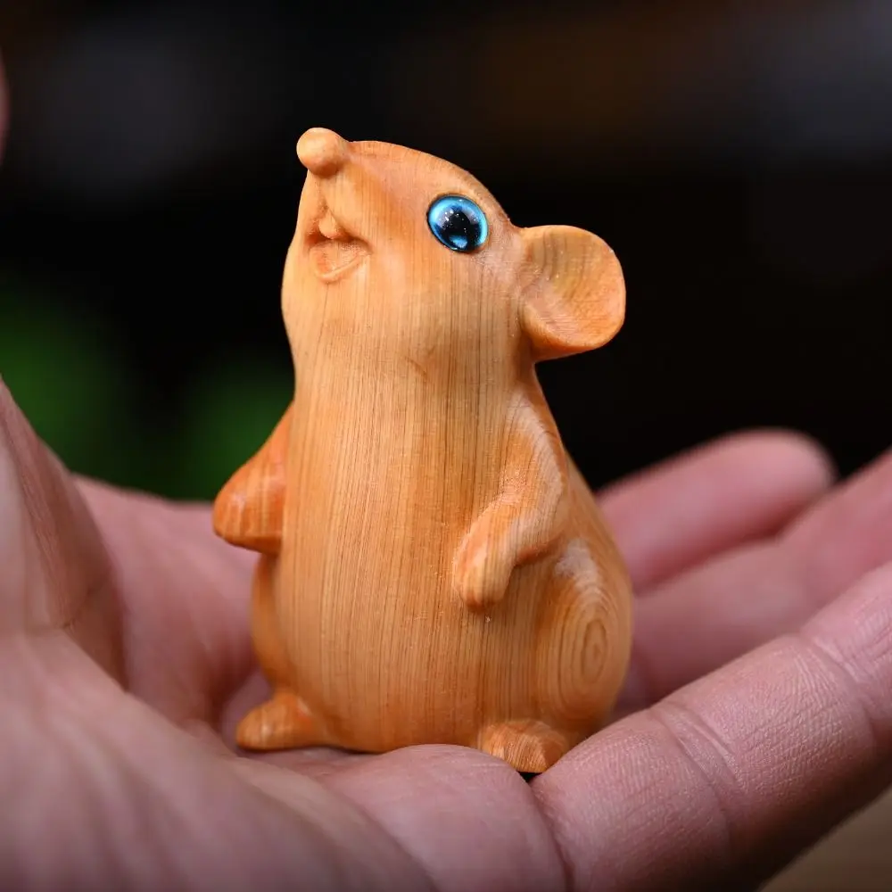 Home Decor Wood Carved Zodiac Mouse Statuette Funny Cute Hamster Statue Decorative Animal Figurine Sculpture Children