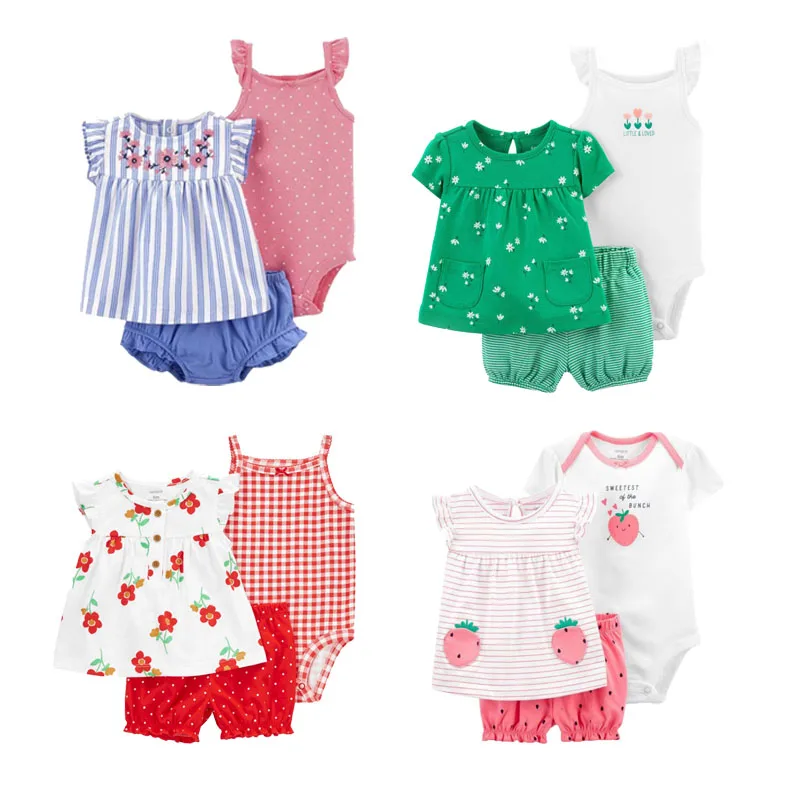 3-Piece Summer Newborn Baby Clothes Short-Sleeved +Shorts+Sling Onesie Leisure Suits Sweet and Cute Girls Bebe Children Clothing