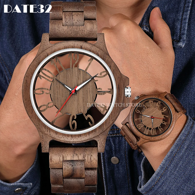 Natural Bamboo Wood Watch for Men Full-Wooden Hollow Case Band Watches Man Quartz Wristwatch Real Wooden Men Clock Male Reloj