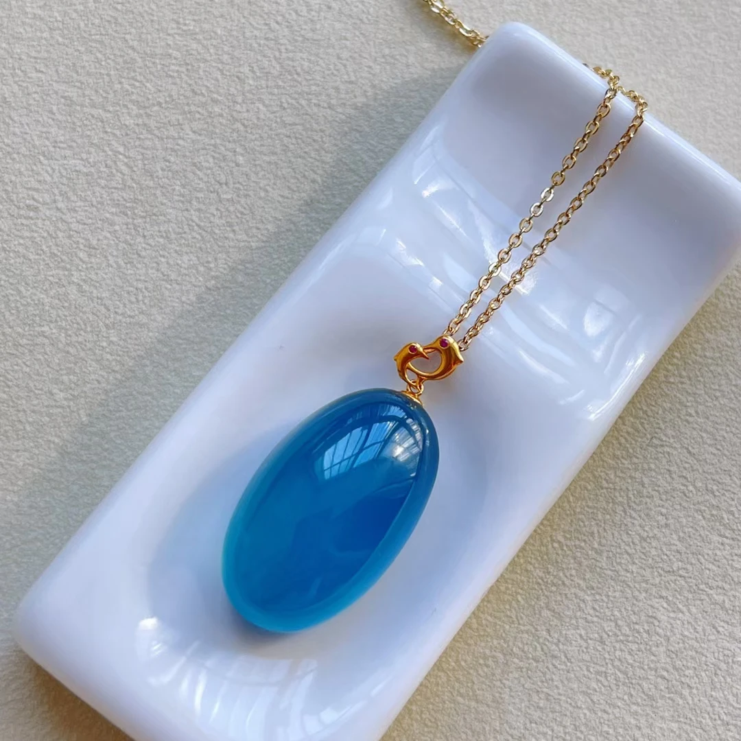 

Natural Blue Aquamarine Quartz Oval Pendant 25*15mm Brazil Jewelry 18K Gold Deep Blue Aquamarine Oval Necklace AAAAA