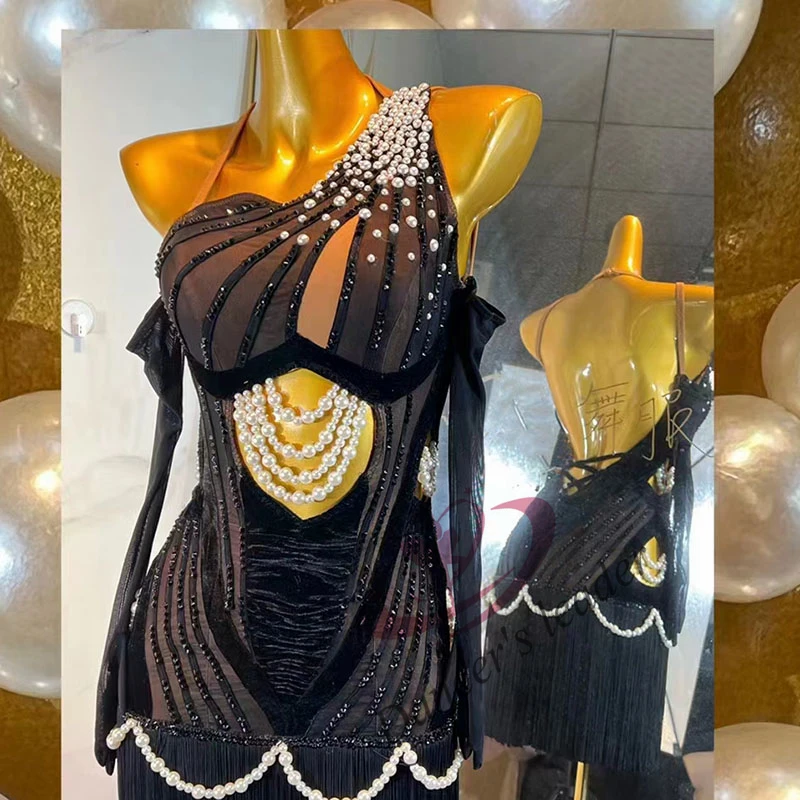 Vestido de pérola personalizado para mulheres e crianças, competição de dança latina, performance rumba tango high end