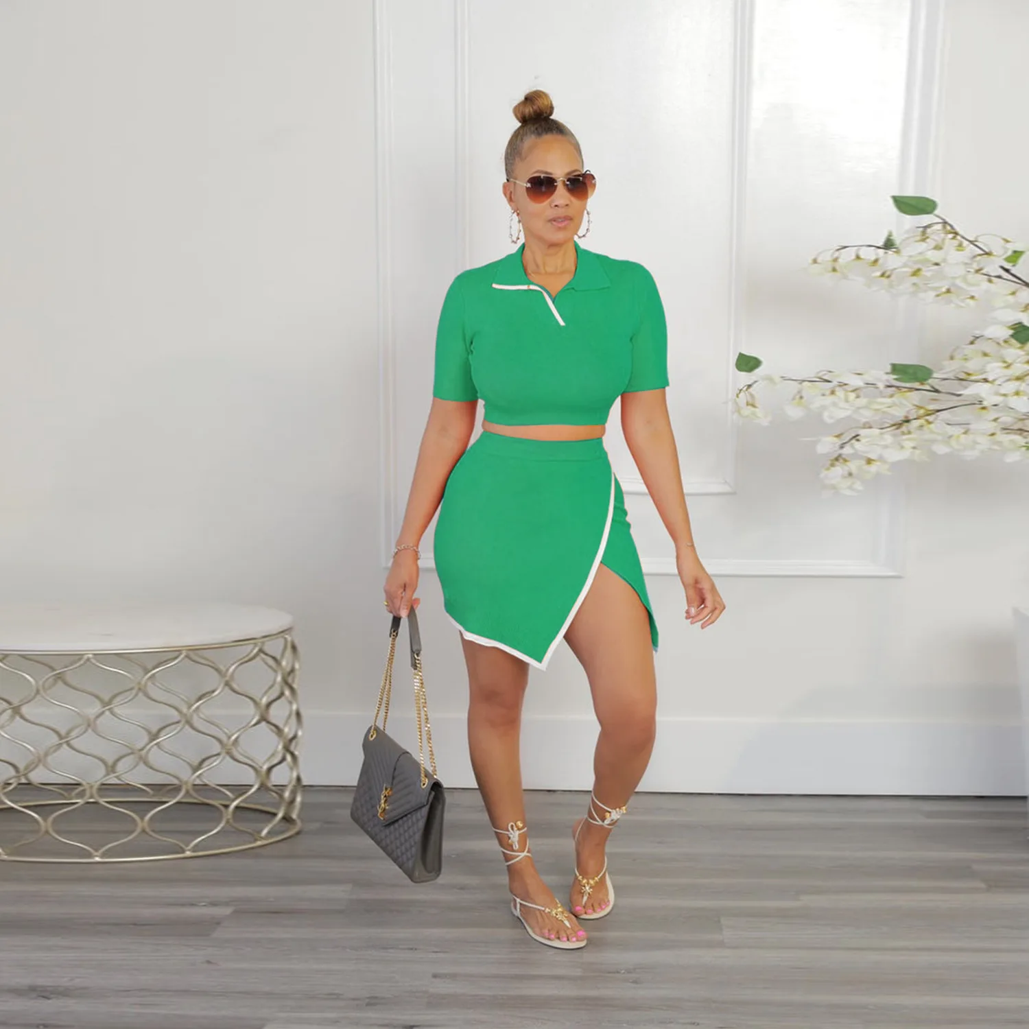 봄 슬림 2피스 세트 여성 디자인 티셔츠 스플릿 스커트 미디 기장 바디콘 스커트 솔리드 컬러 폴리에스터 혼방