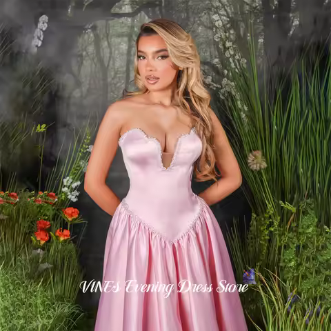 VINES Pink Evening Gown V Neck Sleeveless Prom Dress Pleated Satin Wedding Evening Dress with Beaded robes de soir&eacute;e Customized