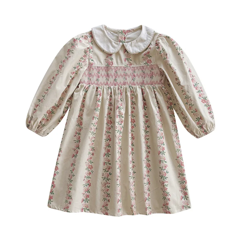 Overseas Purchase Children's Clothing French Print Gathered Girls' Dress2025Autumn Doll Collar Sweet Long Sleeve Princess Dress