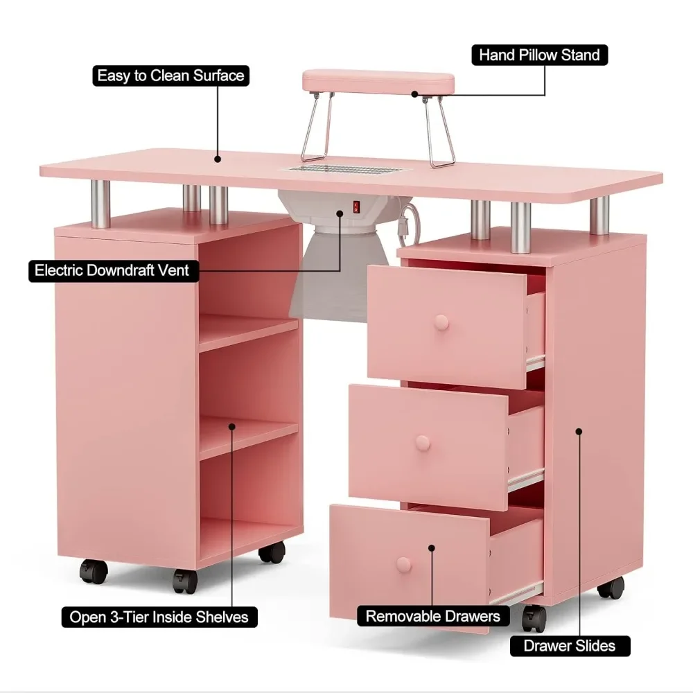 Manicure Table with Electric Downdraft Vents, Foldable Manicure Armrests, Lockable Wheels, Storage Rack, Manicure Table